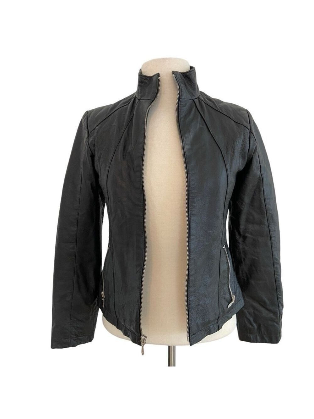 Bazik Casual soft genuine leather fitted jacket black quilted liner zipper small